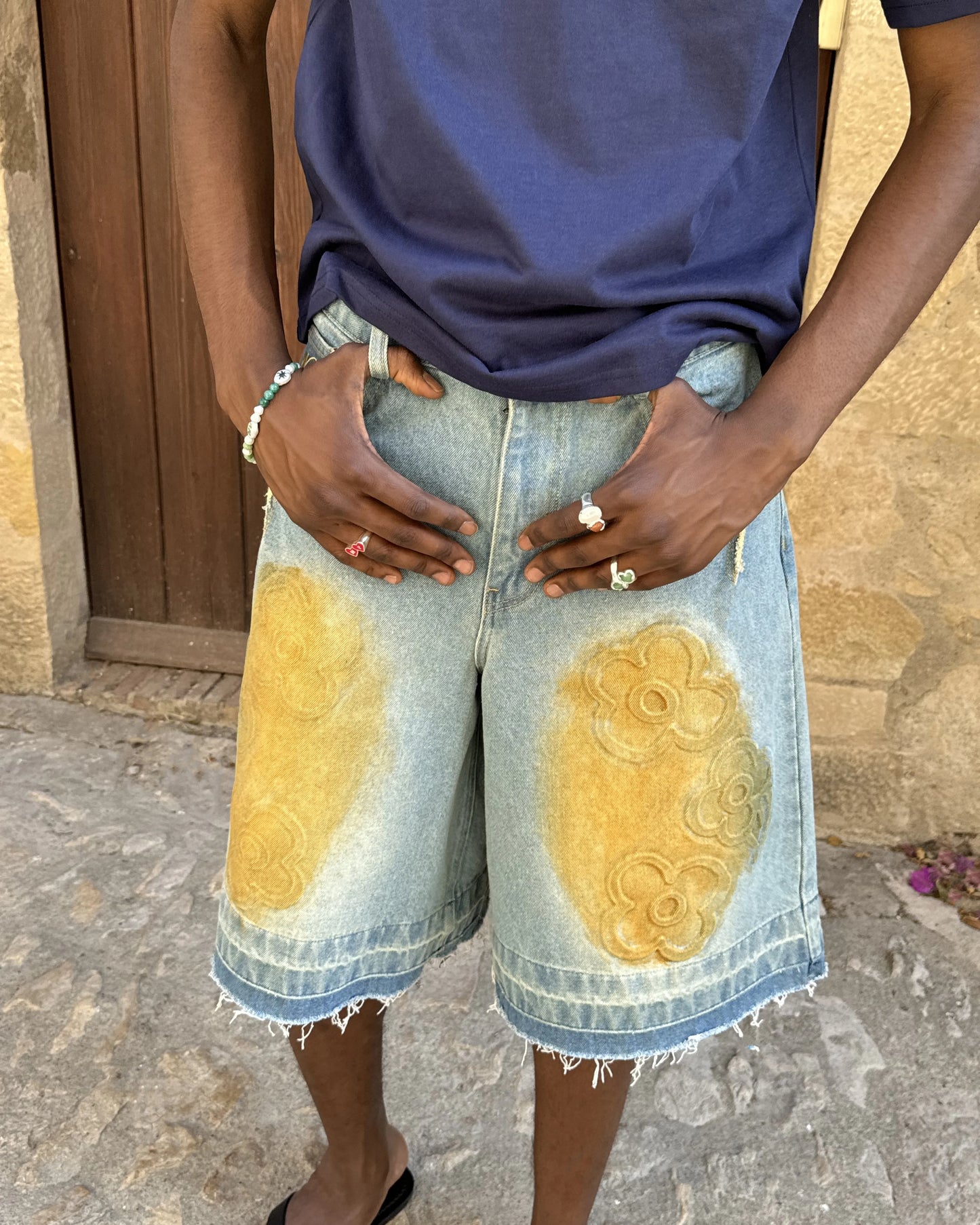 Old Baggy Denim Shorts Flower