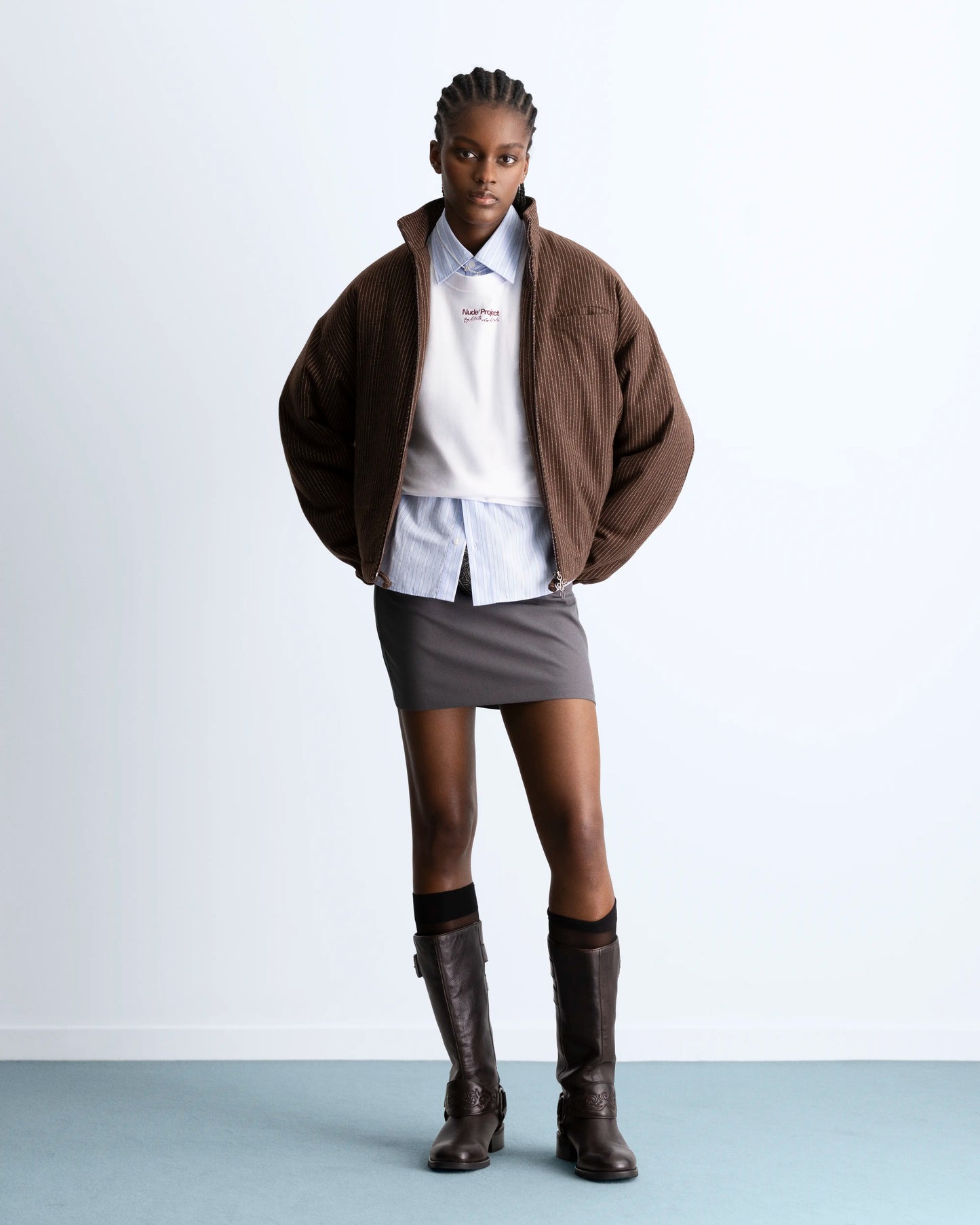 Wool Zip-Up Bomber Jacket Brown