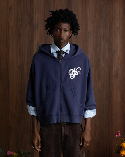 Puffy Zip-Up Boxy Hoodie Navy