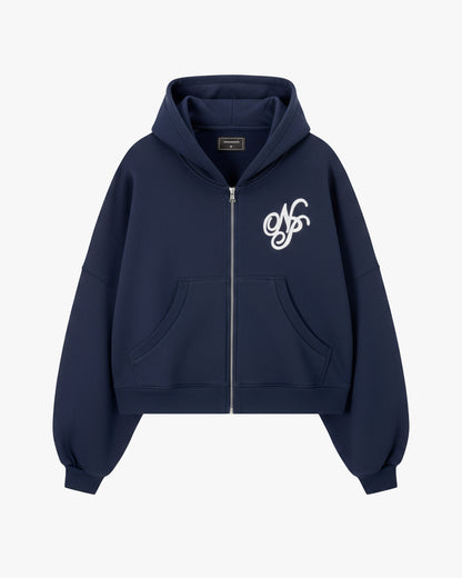 Puffy Zip-Up Boxy Hoodie Navy
