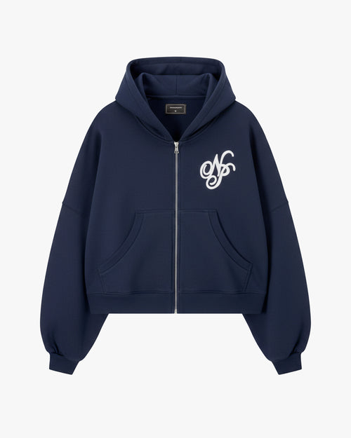Puffy Zip-Up Boxy Hoodie Navy